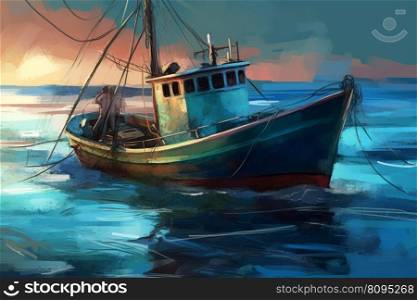 Fishing boat. Net fishery ocean. Generate Ai. Fishing boat. Generate Ai