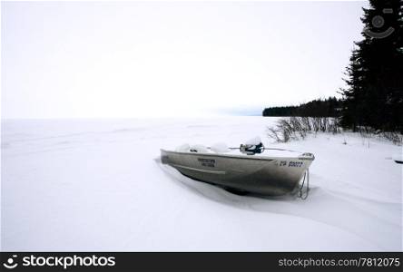 Fishing Boat Winter Widerness Saskatchewan Isolated Lodge