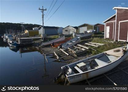 Fishing boats at dock, Trout River, Southeast Brook Falls, Gros Morne National Park, Newfoundland and Labrador, Canada