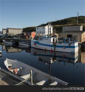 Fishing boats at dock, Trout River, Southeast Brook Falls, Gros Morne National Park, Newfoundland and Labrador, Canada