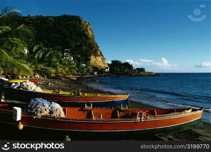 Fishing boats lined up on a seashore, Martinique, Caribbean