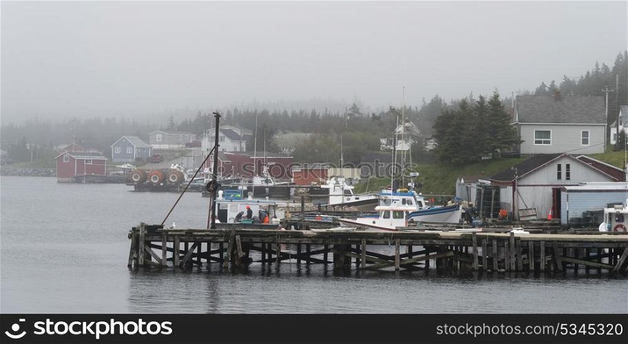 Fishing boats moored at dock, Louisbourg, Cape Breton Island, Nova Scotia, Canada