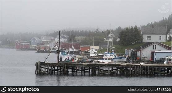 Fishing boats moored at dock, Louisbourg, Cape Breton Island, Nova Scotia, Canada