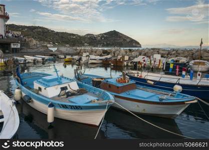 Fishing boats moored at harbor, Sant'Angelo, Ischia Island, Campania, Italy