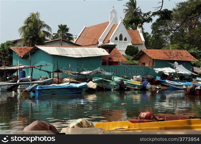Fishing boats near church in Negombo, Sri Lanka