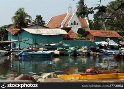 Fishing boats near church in Negombo, Sri Lanka