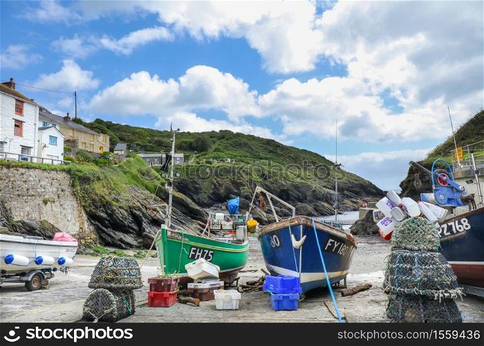 Fishing boats on the beach at Portloe on the south Cornwall coast
