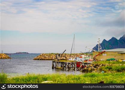 Fishing port, Bleik village in summer time. Andoya island, Vesteralen archipelago.. Fishing port in Bleik village, Andoya island