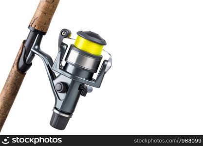 fishing rod and reel with line on white background