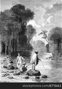 Fishing Sabalos, vintage engraved illustration. Le Tour du Monde, Travel Journal, (1872).