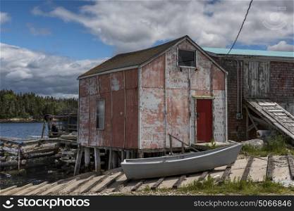 Fishing shed and boat at dock, West Dover, Halifax, Nova Scotia, Canada