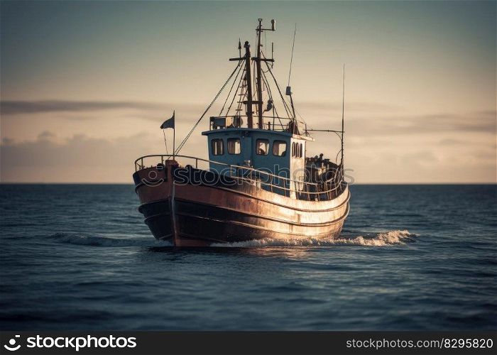 fishing ship at sea water, ocean expedition generative ai.