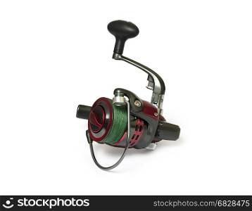 Fishing spinning reel isolated on white background. Spool from spinning