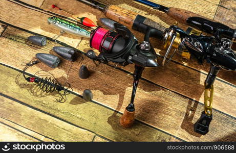 Fishing tackle On wooden floor, technology Sports day