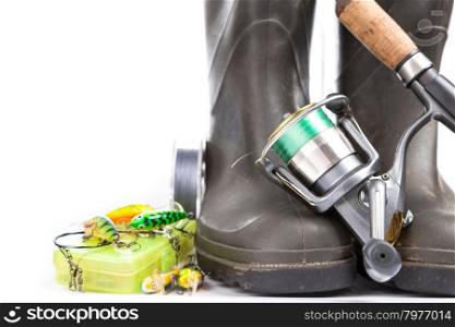 fishing tackles and rubber boots on white background. for design advertising or publication