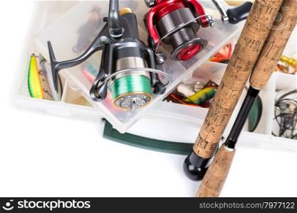 fishing tackles, fishing lure and fishing bait on plastic storage boxes on bright white background. for design advertising or publication