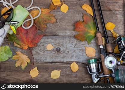 fishing tackles reel, line and lure on wooden board with leafs of autumn