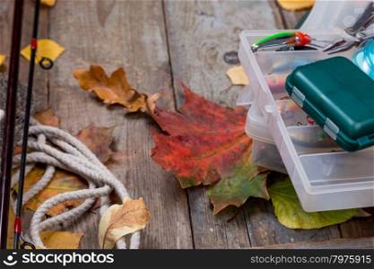 fishing tackles reel, line, wobbler, lure on wooden board with leafs of autumn