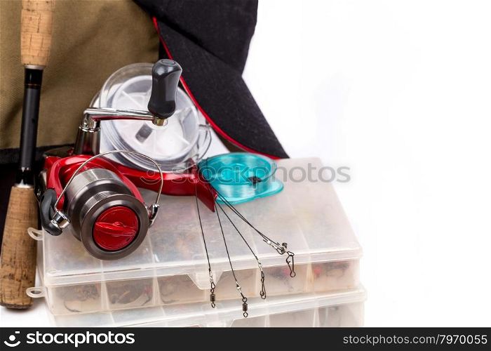 fishing tackles rod, reel, line and lure in box. Prepare fishing journey