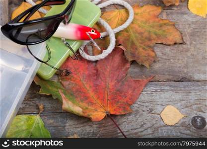 fishing tackles wobblers and lures in box on wooden board with leafs of autumn