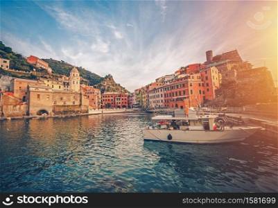 Fishing Village Vernazza. Part of Mediterranean Sea Italian Riviera. Vernazza is Located in Northern Italy in Liguria Region.