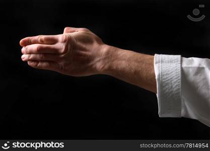 Fist. Hand fighter karate on the black background