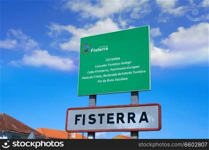 Fisterra or Finisterre road sign end of Camino de Santiago Way of Saint James Galicia Spain