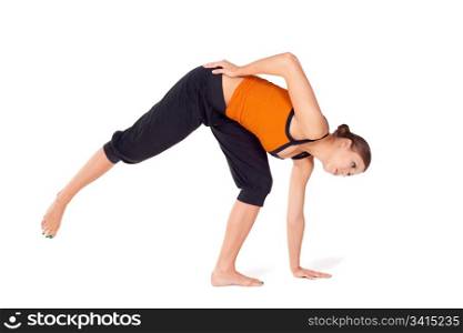 Fit attractive young woman doing first stage of yoga exercise called Half Moon Pose, isolated on white background