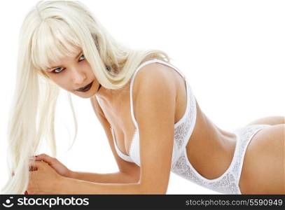 fit girl in white lace lingerie with black lips