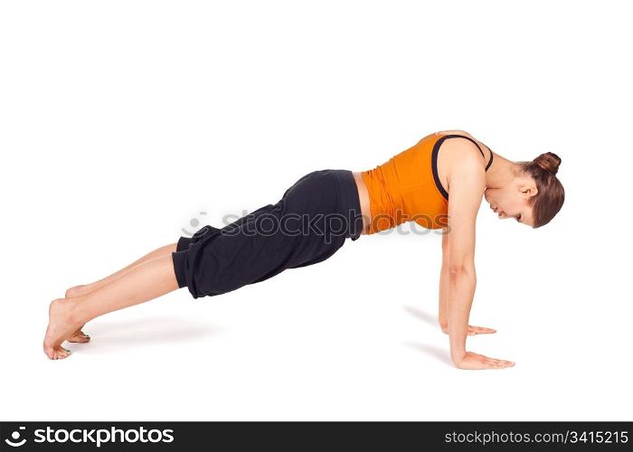 Fit slim woman doing yoga exercise called Plank Pose, sanskrit name: Kumbhakasana, pose strengthen wrists, arms, shoulders, back, legs, and abdomen, lengthens the spine, isolated on white