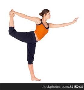 Fit woman doing yoga exercise called Dancer Pose, sanskrit name: Natarajasana, isolated over white background