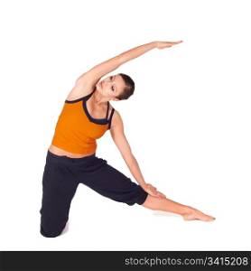Fit woman doing yoga exercise called Gate Pose, sanskrit name: Parighasana, isolated over white background