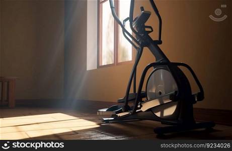Fitness and health exercise machine in the gym. Header banner mockup with copy space. AI generated.. Fitness and health exercise machine in the gym. AI generated.