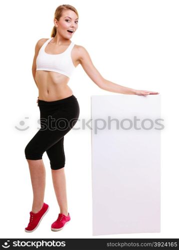 Fitness and health lifestyle advertisement. Young woman girl holding banner high up presenting blank empty ad copyspace isolated on white background.