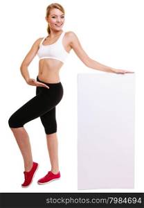 Fitness and health lifestyle advertisement. Young woman girl holding banner high up presenting blank empty ad copyspace isolated on white background.
