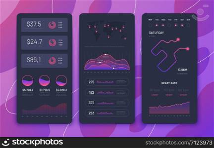 Fitness app ui. Phone dashboards with charts, diagrams and navigation map. Smartphone application screens vector design. Sport run navigation smartphone, user interface dashboard calendar illustration. Fitness app ui. Phone dashboards with charts, diagrams and navigation map. Smartphone application screens vector design