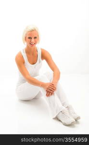 Fitness blonde woman relax during Pilates exercise isolated on white