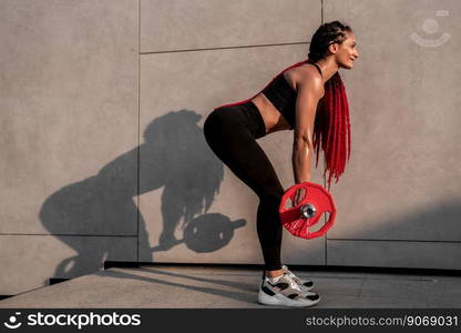 Fitness, body builder and woman with barbell training, workout or challenge exercise for muscle power, energy and goal. Strong, power and sports person with gym motivation and bodybuilder challenge