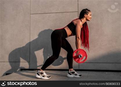 Fitness, body builder and woman with barbell training, workout or challenge exercise for muscle power, energy and goal. Strong, power and sports person with gym motivation and bodybuilder challenge