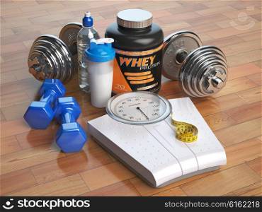 Fitness, bodybuilding or weight loss concept. Weight scales, dumbbells whey protein powder with shaker. Healthy lifestyle. 3d