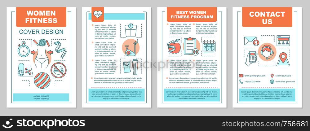 Fitness brochure template layout. Weight losing. Healthy lifestyle. Gym training. Flyer, booklet, leaflet print design. Physical activities. Vector page layouts for magazines, annual reports, posters. Fitness brochure template layout