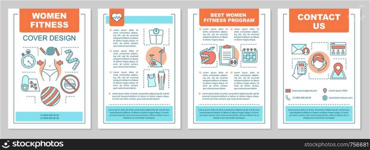 Fitness brochure template layout. Weight losing. Healthy lifestyle. Gym training. Flyer, booklet, leaflet print design. Physical activities. Vector page layouts for magazines, annual reports, posters. Fitness brochure template layout