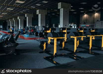 Fitness club interior. Gym nobody. Sport center equipment