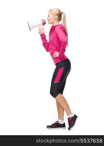 fitness, communication and healthcare - beautiful sporty woman with megaphone