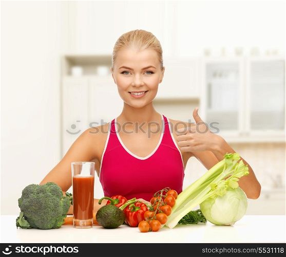 fitness, diet and food concept - young woman with organic food showing thumbs up