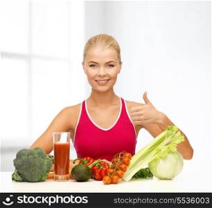 fitness, diet and food concept - young woman with organic food showing thumbs up