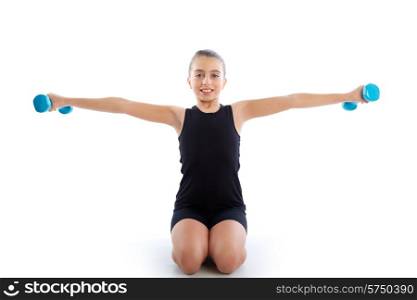 Fitness dumbbells kid girl exercise workout on white background