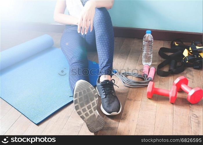 Fitness female relaxing after workout, Sport and healthy concept