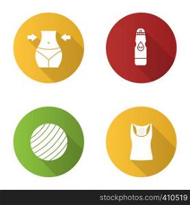 Fitness flat design long shadow glyph icons set. Sport equipment. Weight loss, sports water bottle, fitball, tank top. Vector silhouette illustration. Fitness flat design long shadow glyph icons set