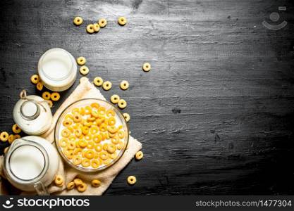 Fitness food. Cereal with milk in a glass dish.. Cereal with milk in a glass dish.